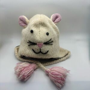 100% Wool Knit Mouse Hat with Tassels Fleece Lined Made in Nepal